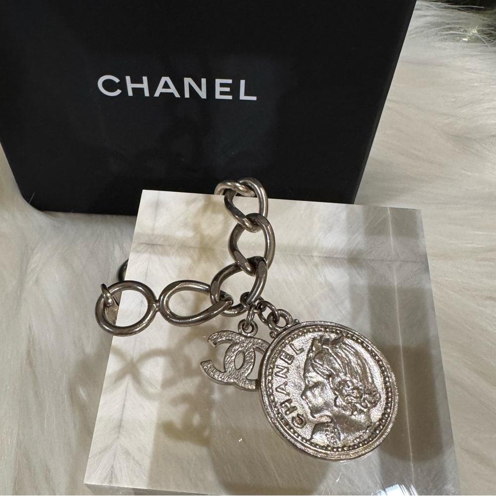 Chanel Silvertone Bracelet with Coin Charm